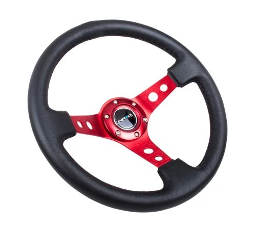NRG Deep Black Leather Red Center 350mm Reinforced Steering Wheel Part Number: RST-006RD 4 NRG Deep Black Leather Red Center 350mm Reinforced Steering Wheel Part Number: RST-006RD - Image 2